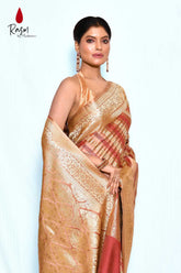 Tanchoi Banarasi Handloom Saree With Contemporary Stripe Pattern Design